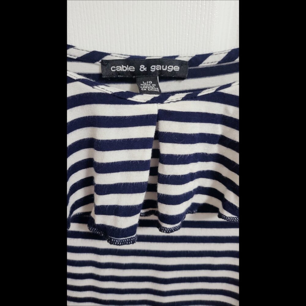 🌿Navy & White Stripe Ruffle Cold Shoulder Top - Women's Large by Cable & Gauge - Picture 5 of 10